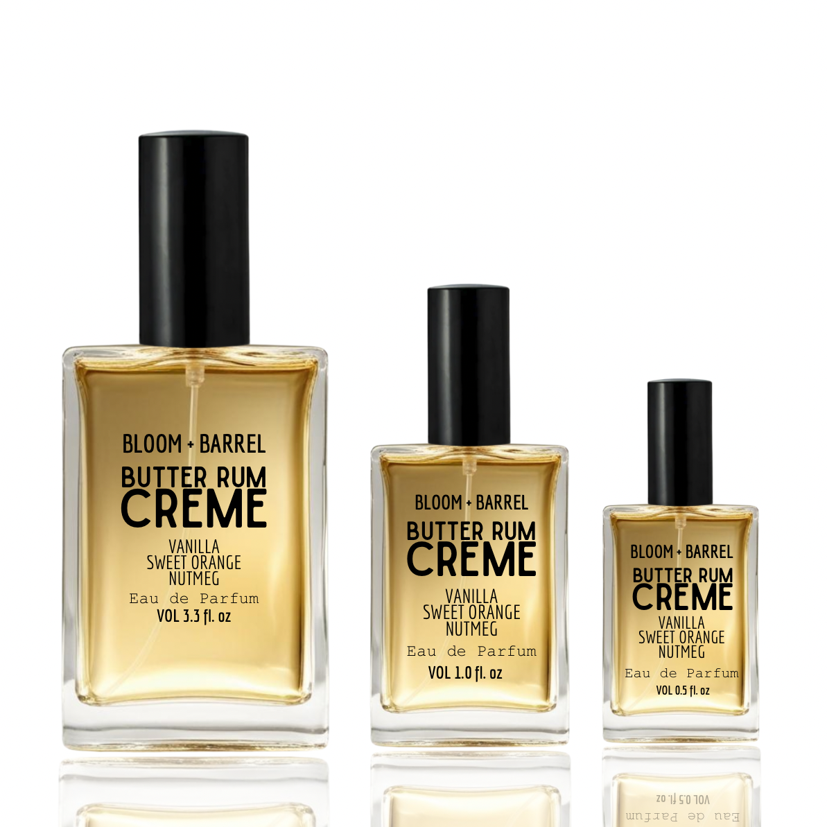 Three bottles of Bloom & Barrel Butter Rum Creme perfume on a white background