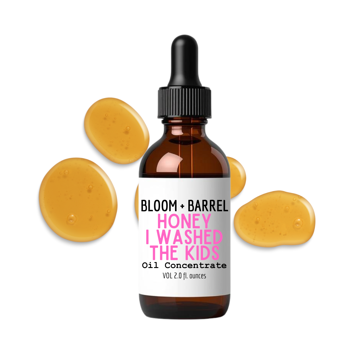 Bottle of 'Bloom + Barrel Honey I Washed the Kids' oil concentrate with dropper on a white background.