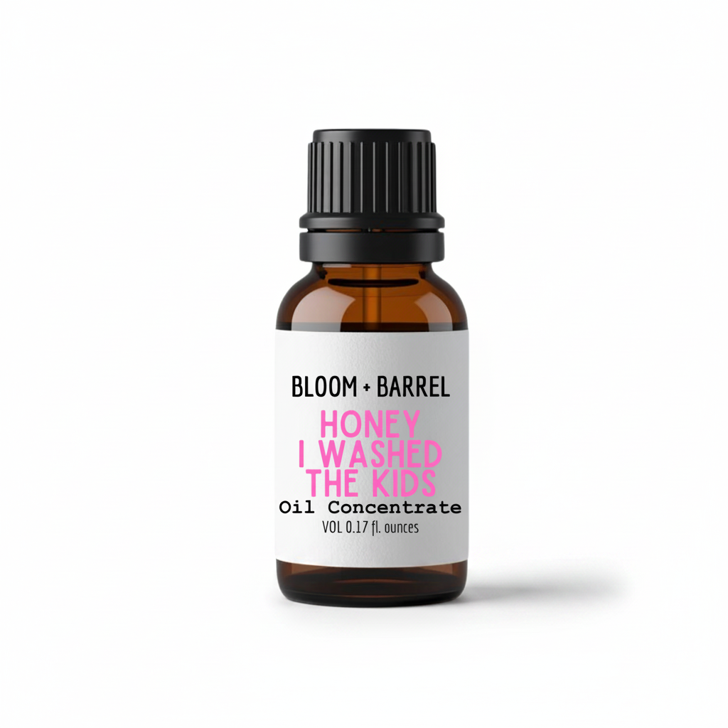 Bottle of Bloom & Barrel oil concentrate with a white label on a white background
