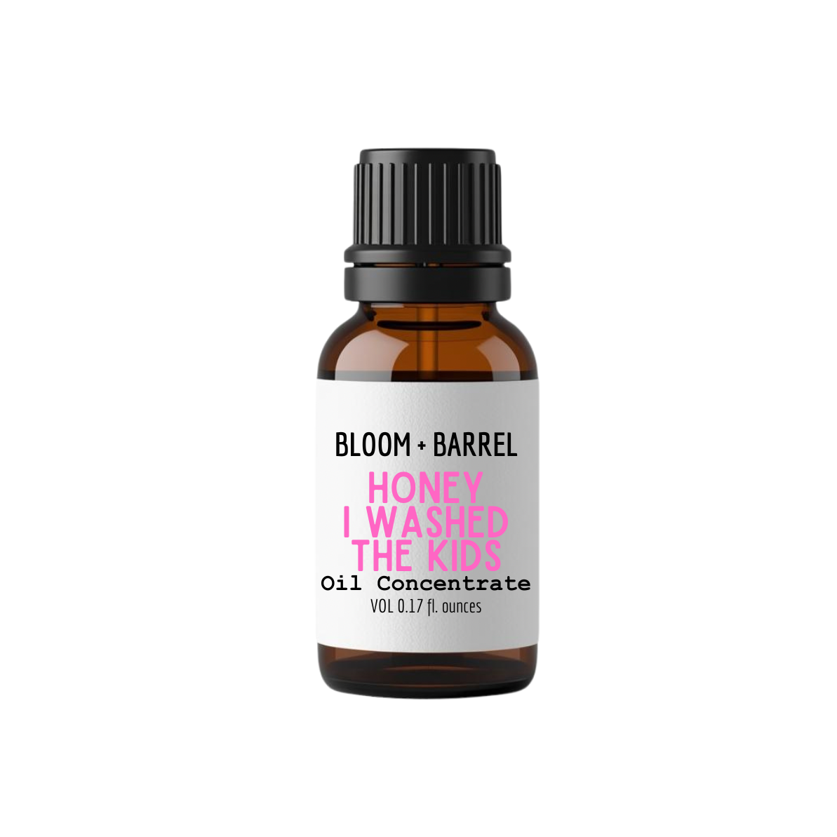 Bottle of Bloom & Barrel oil concentrate with a white label on a white background