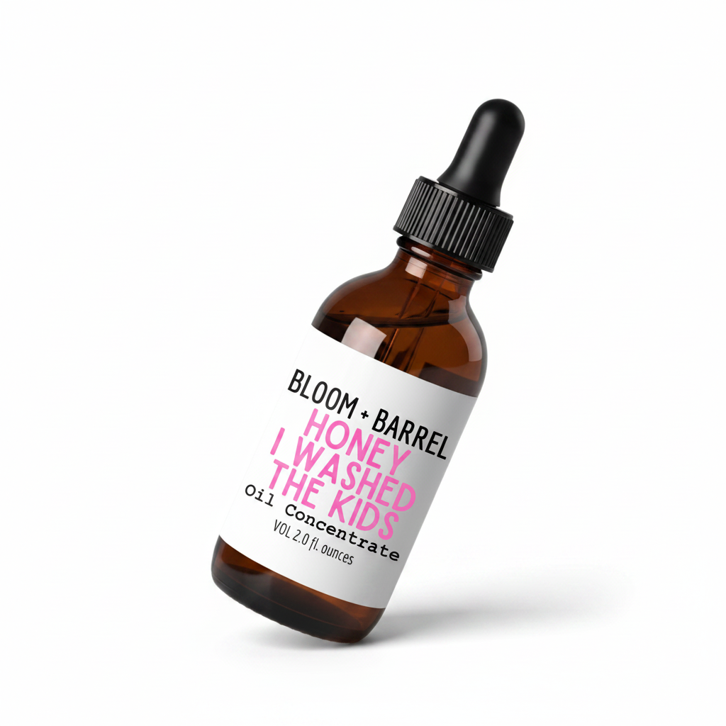 Bottle of 'Honey I Washed the Kids' oil concentrate by Bloom + Barrel on a white background