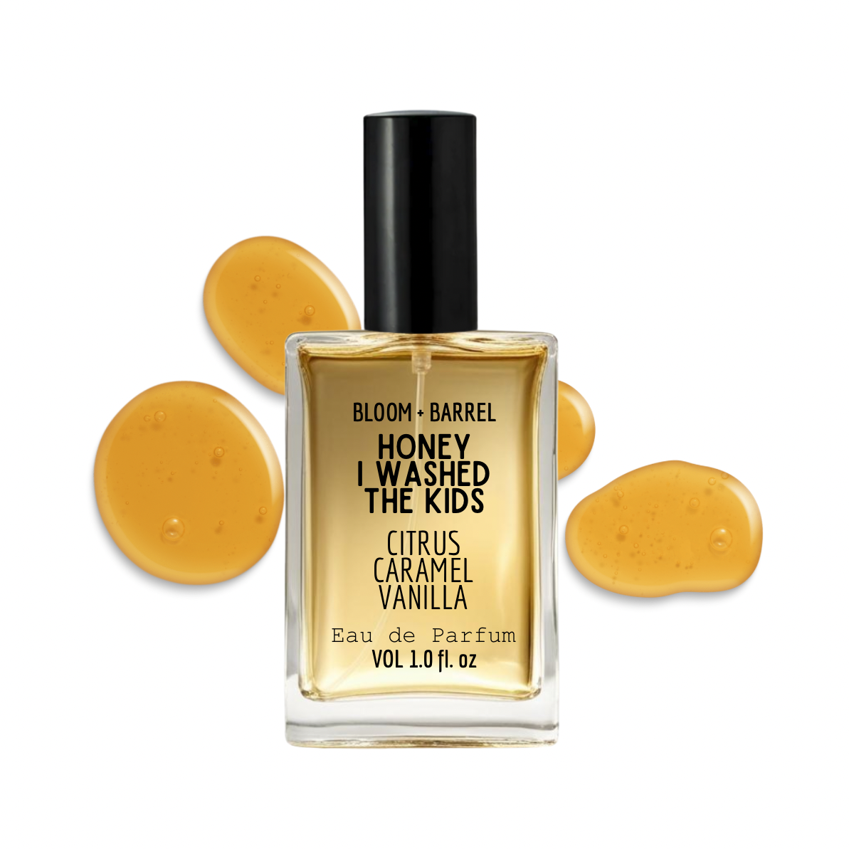 Perfume bottle labeled 'Honey I Washed the Kids' with yellow droplets on a white background