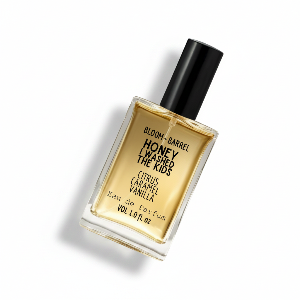 Perfume bottle labeled 'Honey I Washed the Kids' by Bloom & Barrel on a white background