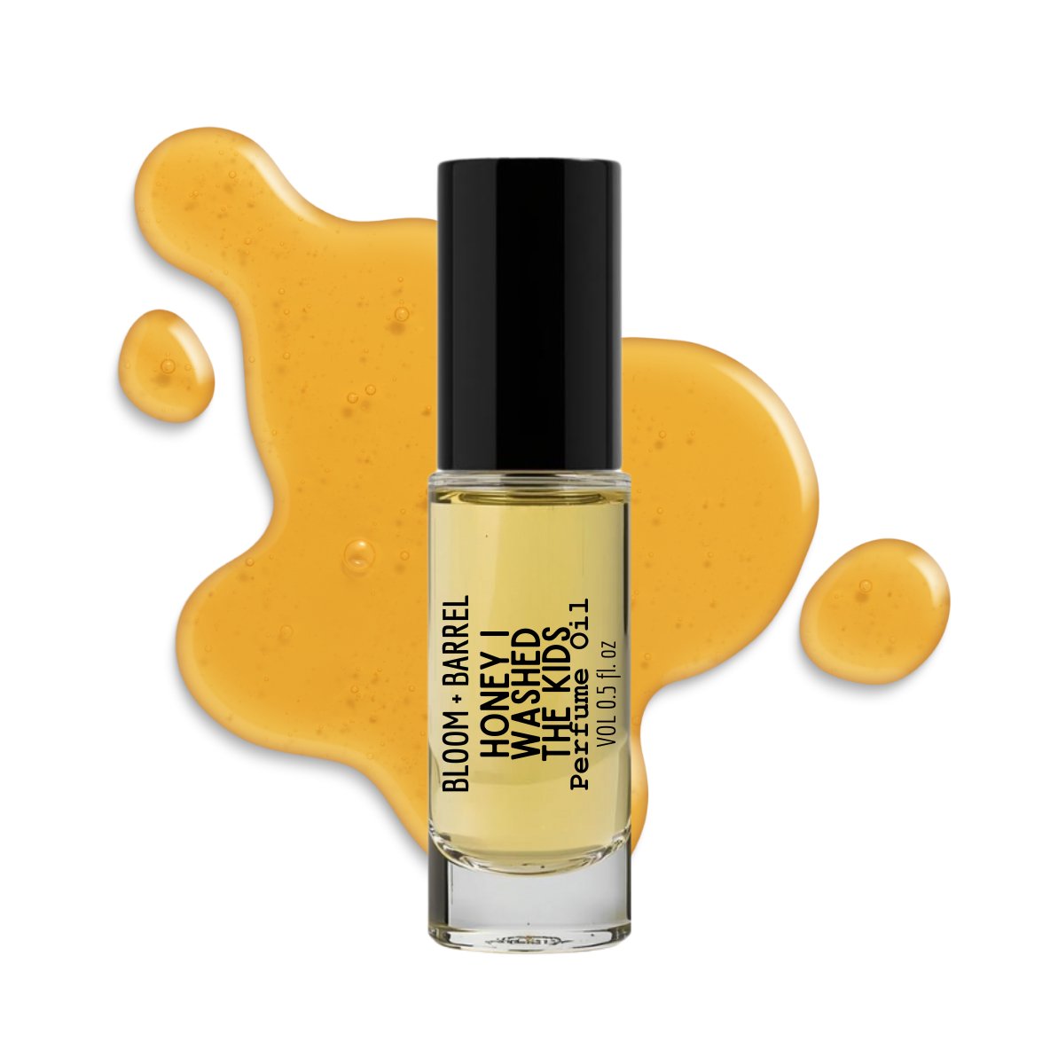 Bottle of Bloom & Barrel perfume with a black cap on a white background