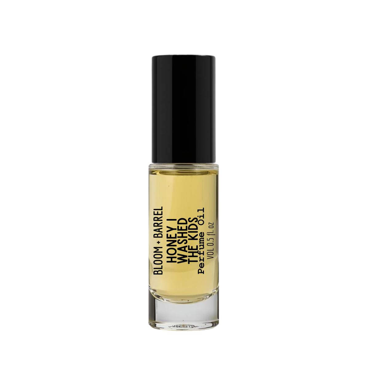 Perfume bottle with black cap and yellow liquid on a white background