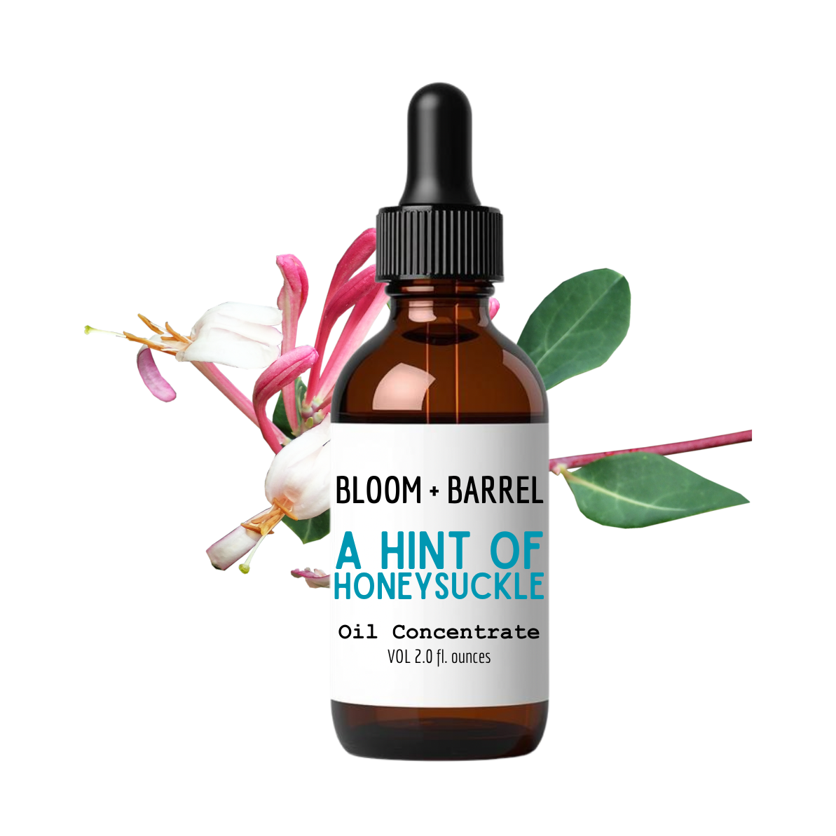 Bottle of 'A Hint of Honeysuckle' oil concentrate by Bloom + Barrel with floral elements on a white background.