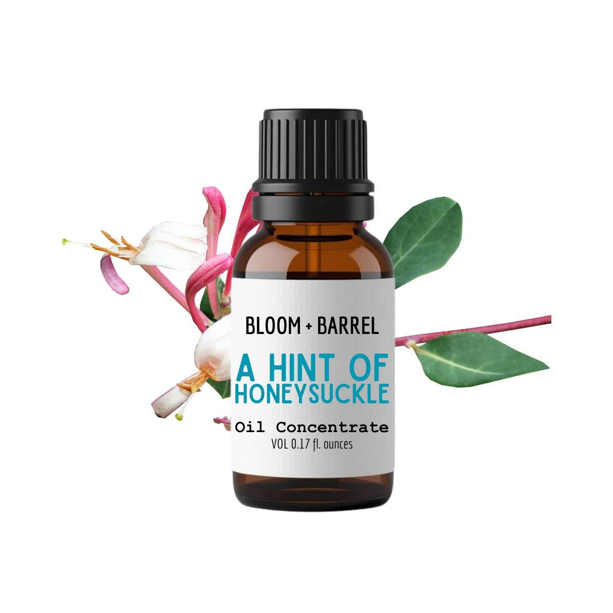 Bottle of 'A Hint of Honeysuckle' oil concentrate with floral elements on a white background