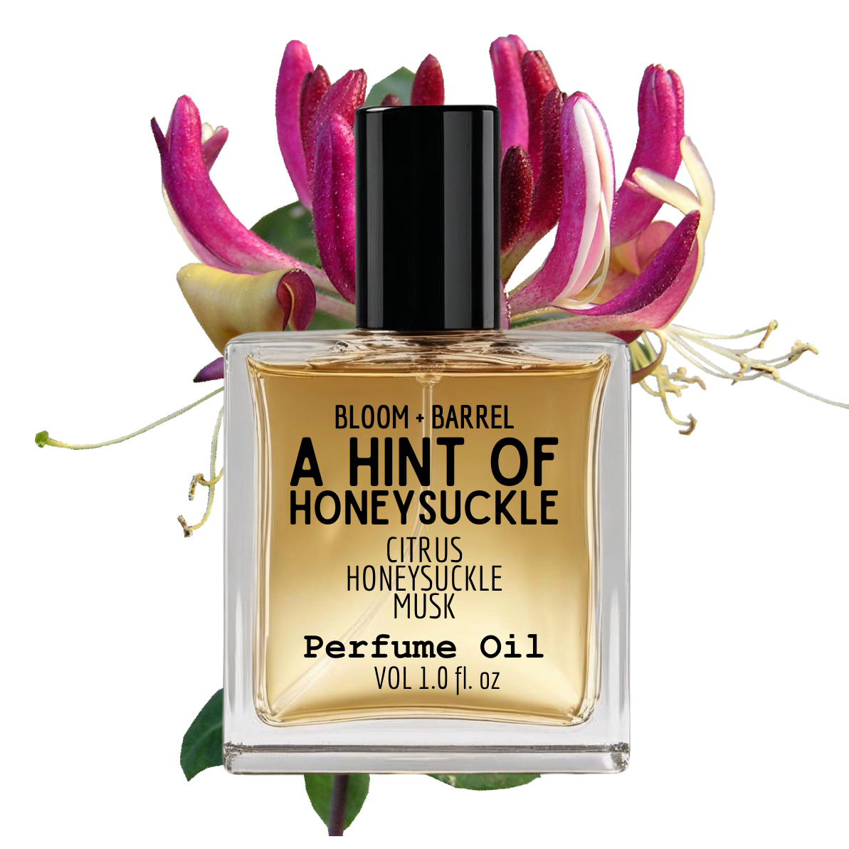 Perfume oil bottle labeled 'A Hint of Honeysuckle' with floral background