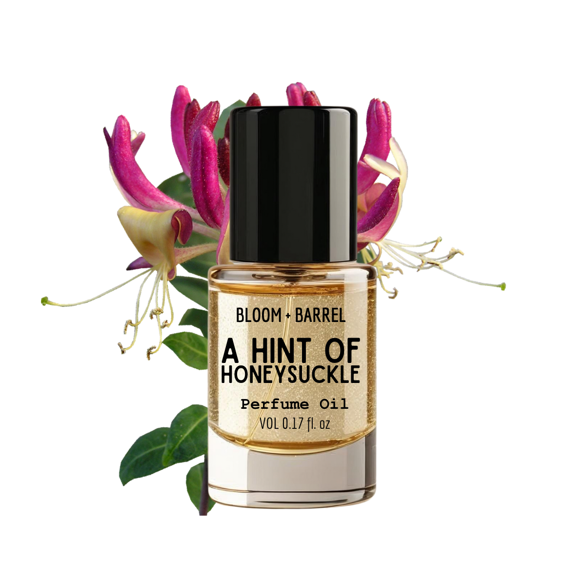 Perfume oil bottle labeled 'A Hint of Honeysuckle' with floral background