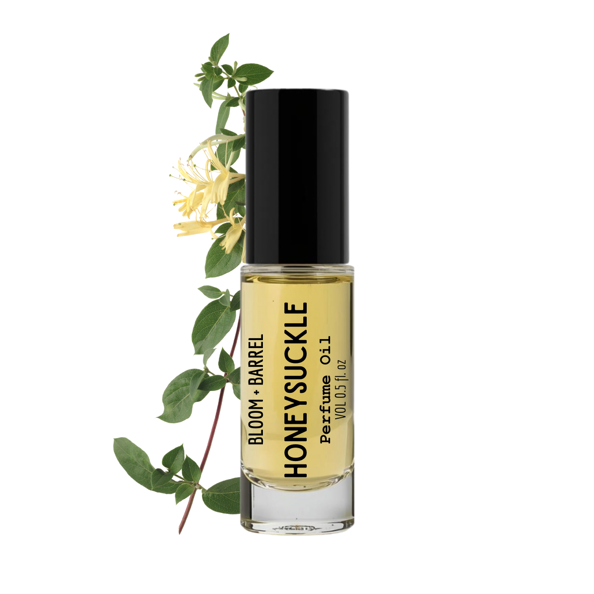 Perfume bottle labeled 'Honeysuckle' by Bloom Barrel with green leaves on a white background