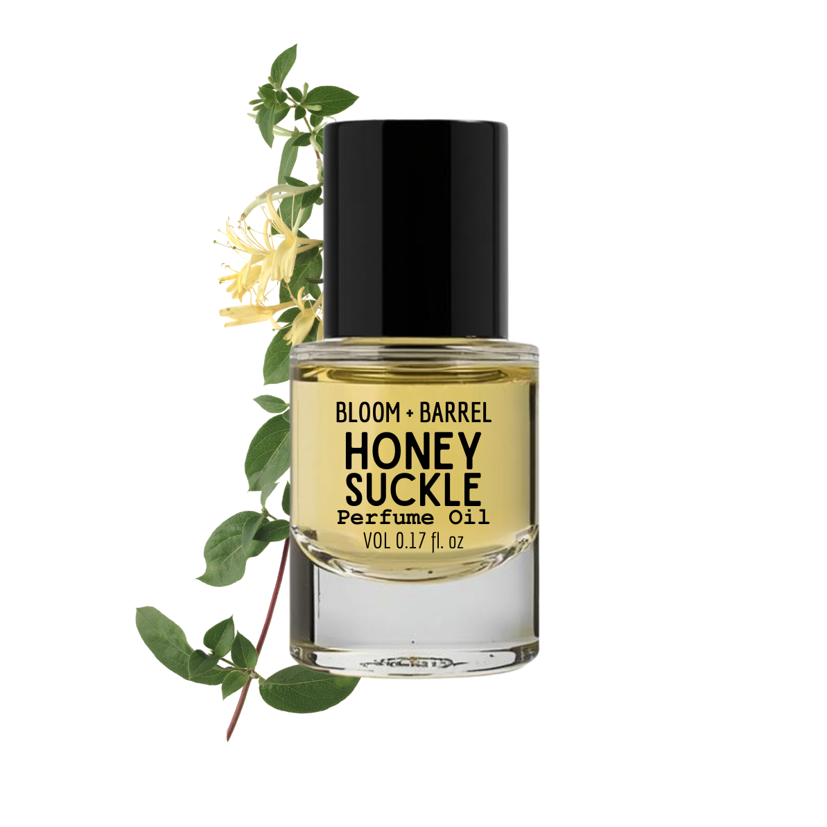 Bottle of Bloom & Barrel Honey Suckle perfume oil with a sprig of honey-scented flowers on a white background