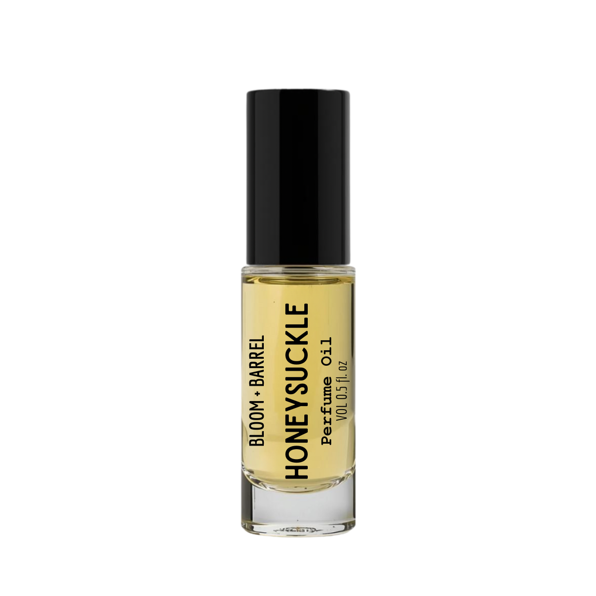 Perfume bottle labeled 'Honeysuckle' by Bloom & Barrel on a white background