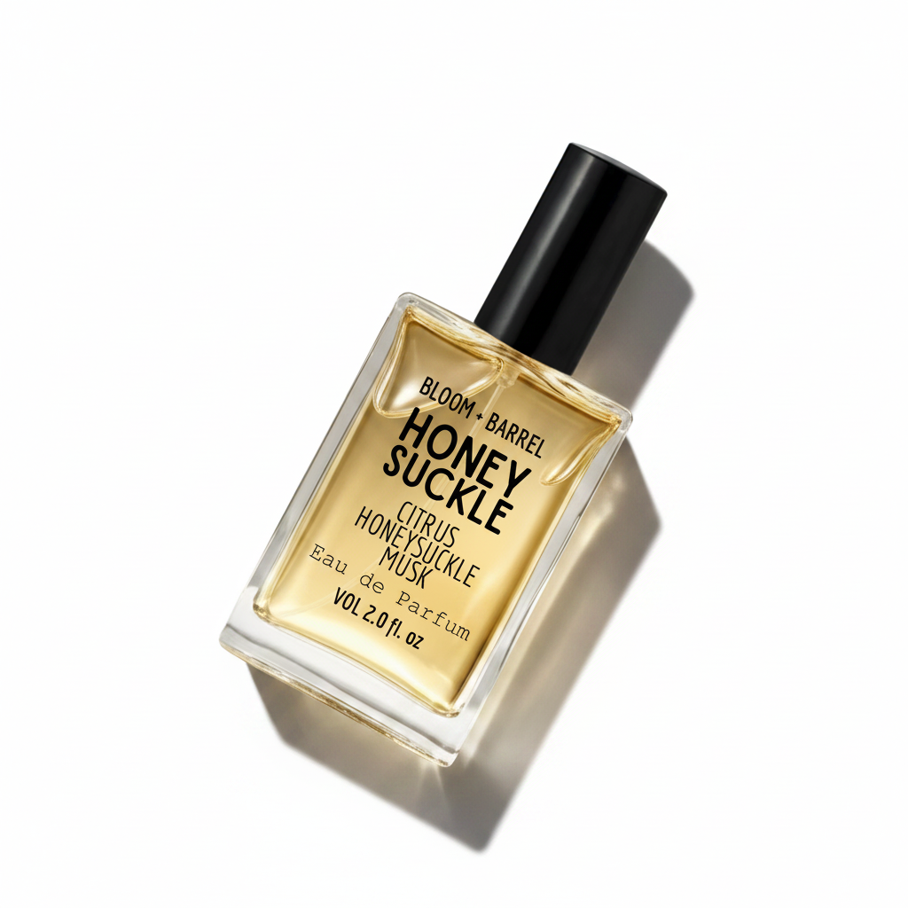 Perfume bottle labeled 'Honey Suckle' by Bloom & Barrel on a white background