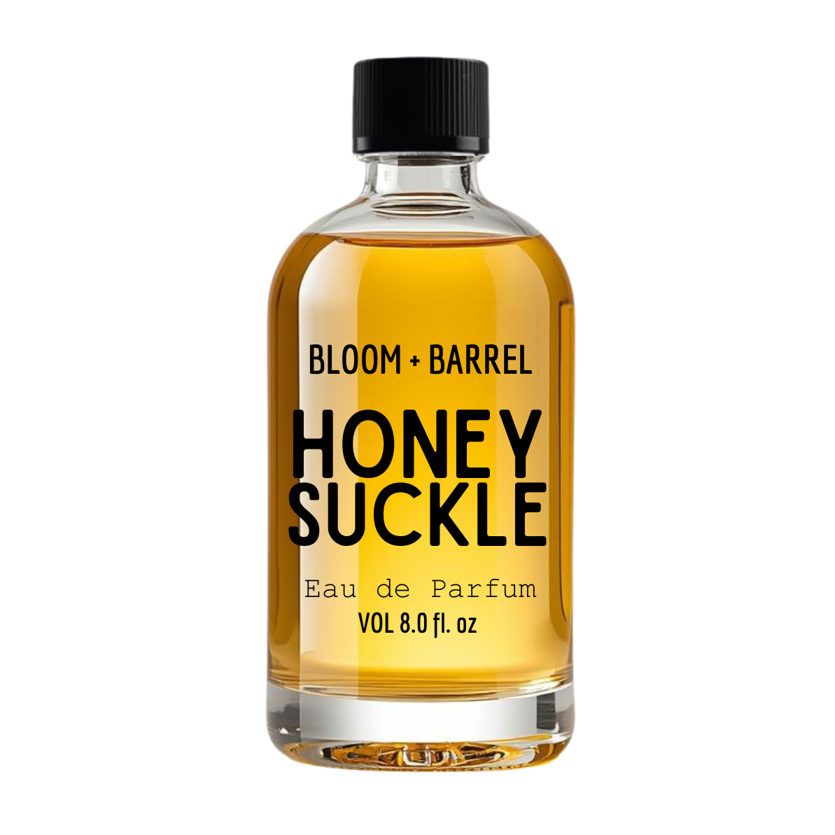 Bottle of Bloom + Barrel Honey Suckle eau de parfum on a white background