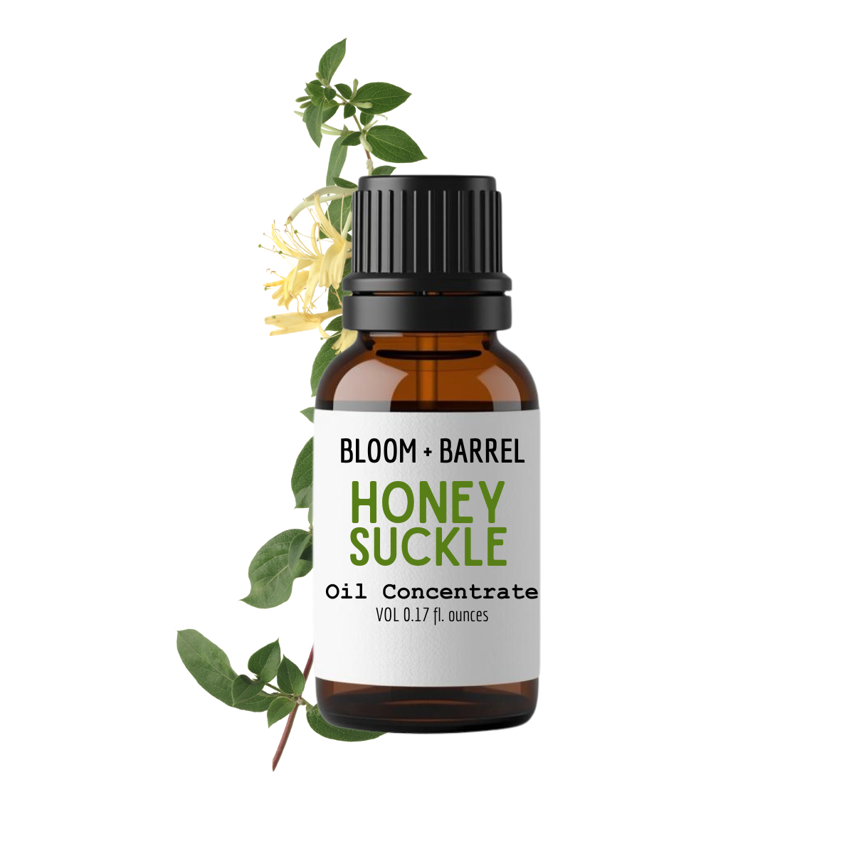 Bottle of Bloom & Barrel Honey Suckle oil concentrate with leaves on a white background