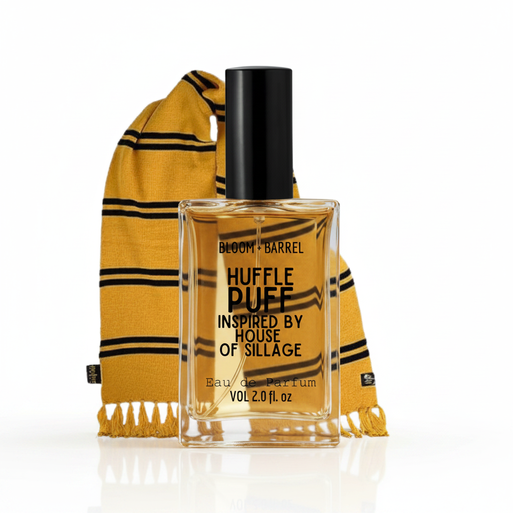 A rectangular glass perfume bottle labeled 'BLOOM + BARREL HUFFLE PUFF' with a black cap, shown in front of a yellow scarf with black stripes and fringe, on a white background.