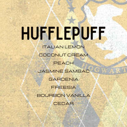 A graphic card displaying the 'HUFFLEPUFF' wizarding potion ingredients list, including Italian Lemon, Coconut Cream, Peach, Jasmine Sambac, Gardenia, Freesia, Bourbon Vanilla, and Cedar, set against a textured Gryffindor house crest background.