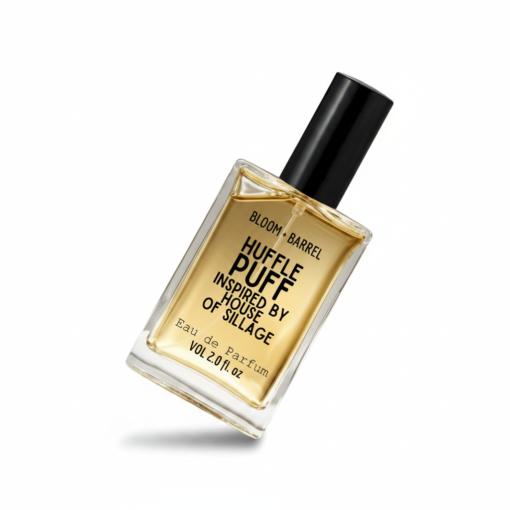 Perfume bottle labeled 'Hufflepuff' by Bloom & Barrel on a white background