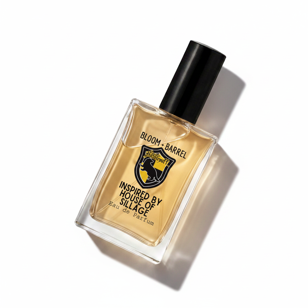 A rectangular glass bottle of Bloom Barrel Eau de Parfum with a black cap, filled with amber-colored liquid. The front label features a black and yellow shield logo with a horse, and text reading 'BLOOM • BARREL' and 'INSPIRED BY HOUSE OF SILLAGE'.