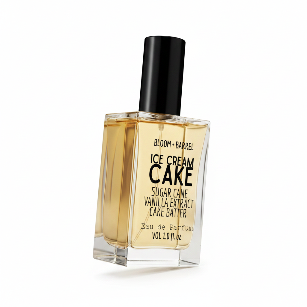 Bottle of Bloom & Barrel Ice Cream Cake perfume on a white background