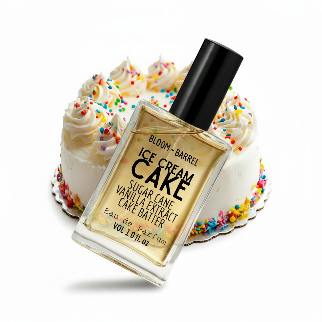 Perfume bottle labeled 'Ice Cream Cake' with a cake in the background