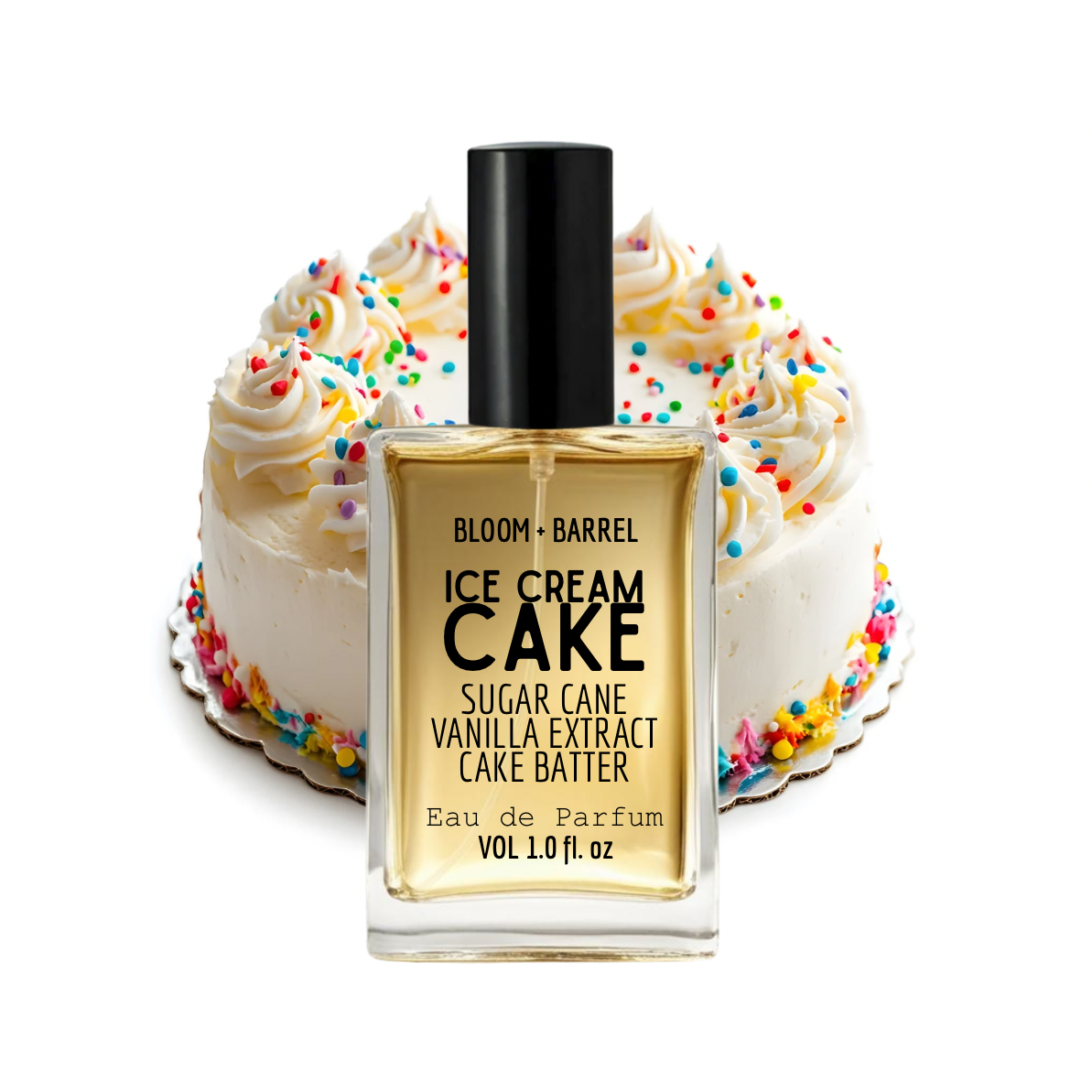 Perfume bottle labeled 'Ice Cream Cake' with a cake in the background