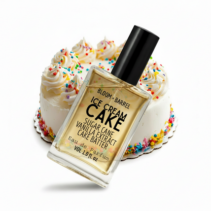 Perfume bottle labeled 'Ice Cream Cake' with a cake in the background