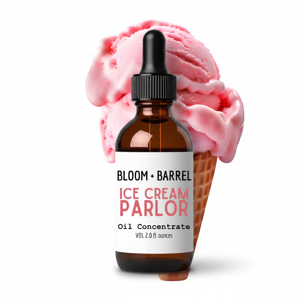 Bottle of Bloom + Barrel Ice Cream Parlor oil concentrate with pink ice cream in a cone on a white background