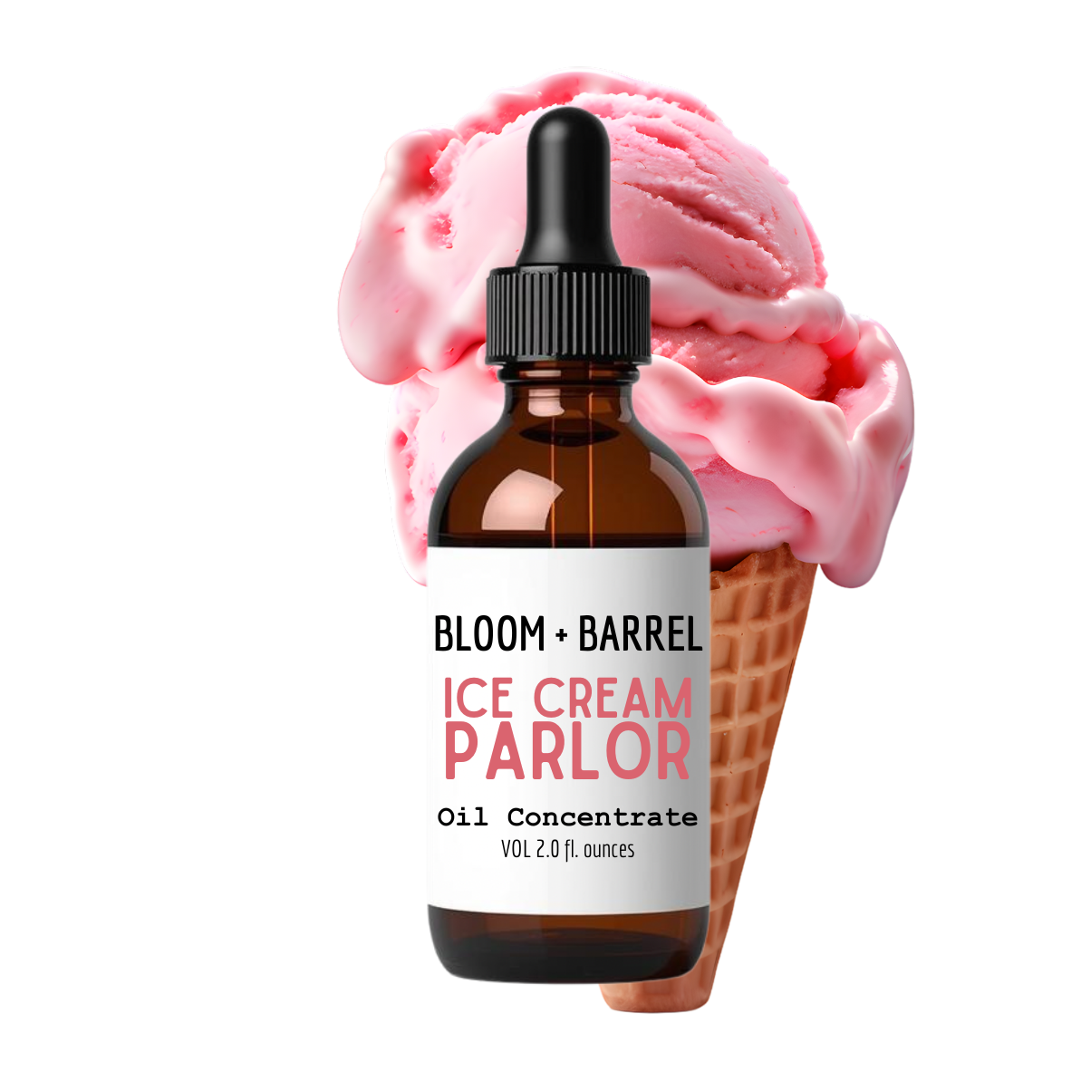 Bottle of Bloom + Barrel Ice Cream Parlor oil concentrate with pink ice cream in a cone on a white background
