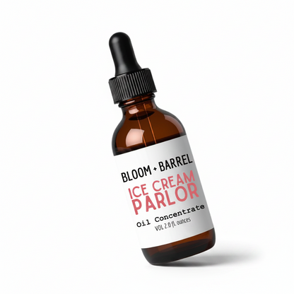 Bottle of Bloom + Barrel Ice Cream Parlor oil concentrate on a white background