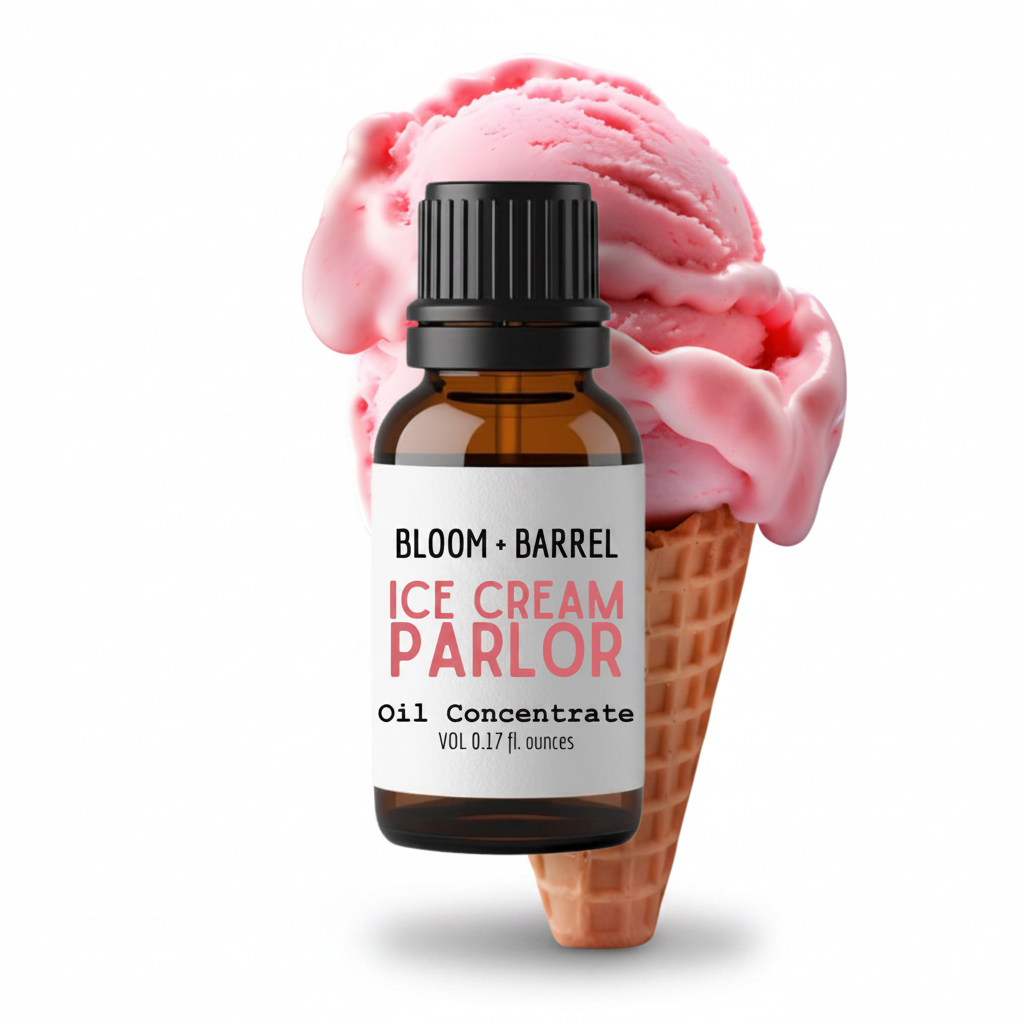 Bottle of Bloom & Barrel Ice Cream Parlor oil concentrate with a pink ice cream cone on a white background