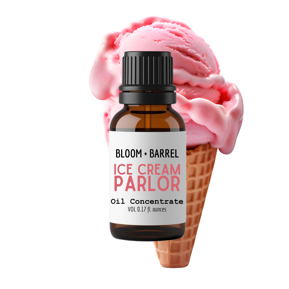 Bottle of Bloom & Barrel Ice Cream Parlor oil concentrate with a pink ice cream cone on a white background