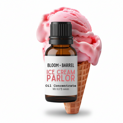 Bottle of Bloom & Barrel Ice Cream Parlor oil concentrate with a pink ice cream cone on a white background