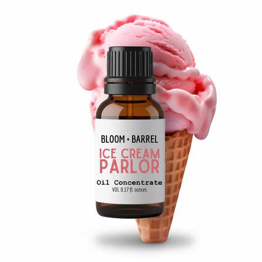 Bottle of Bloom & Barrel Ice Cream Parlor oil concentrate with a pink ice cream cone on a white background