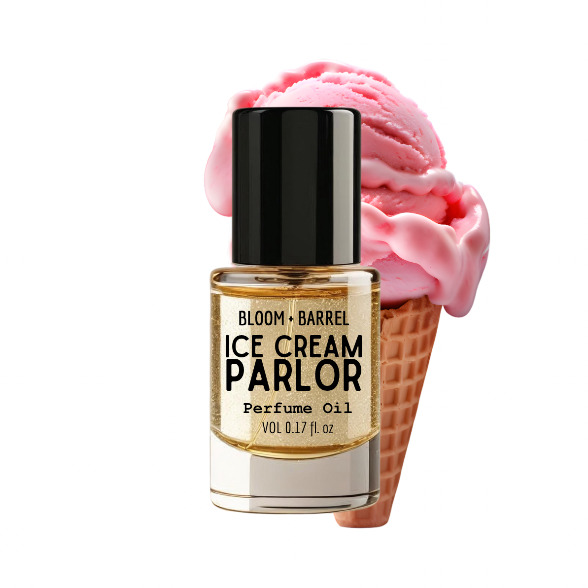 Perfume oil bottle labeled 'Ice Cream Parlor' by Bloom & Barrel next to a pink ice cream cone.