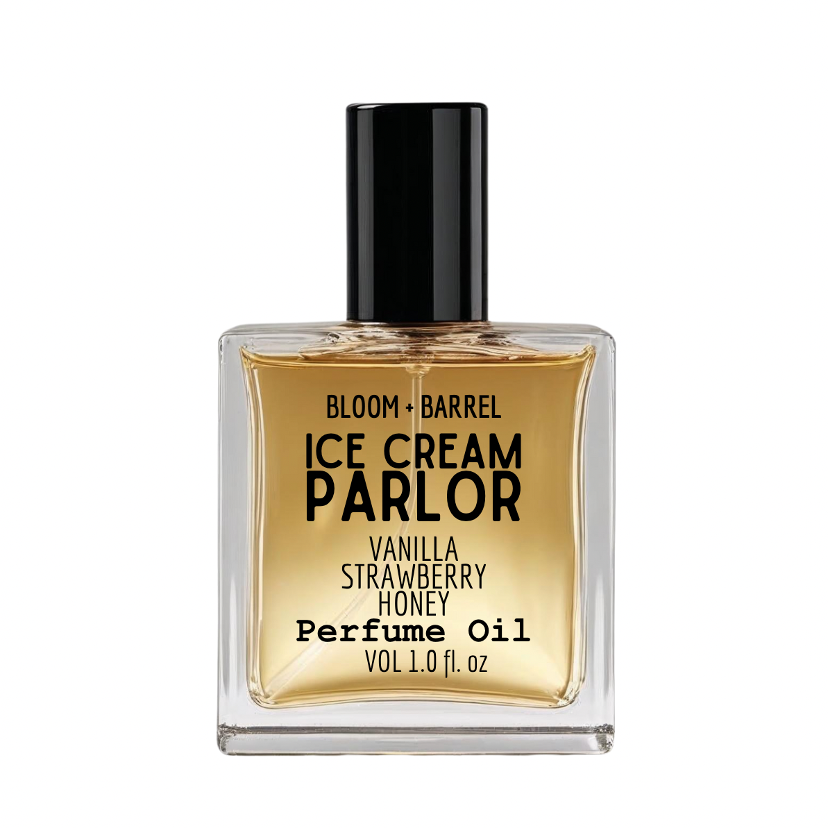 Perfume oil bottle labeled 'Ice Cream Parlor' by Bloom & Barrel on a white background