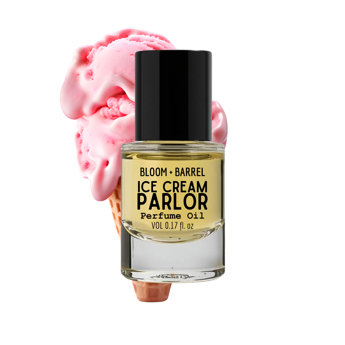 Perfume oil bottle labeled 'Ice Cream Parlor' with pink ice cream on a white background