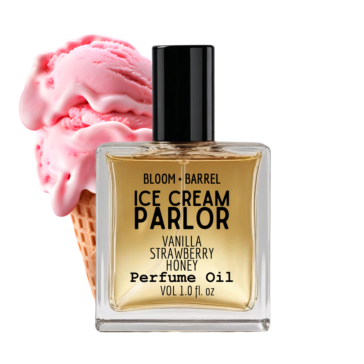 Perfume oil bottle labeled 'Ice Cream Parlor' with pink ice cream in the background
