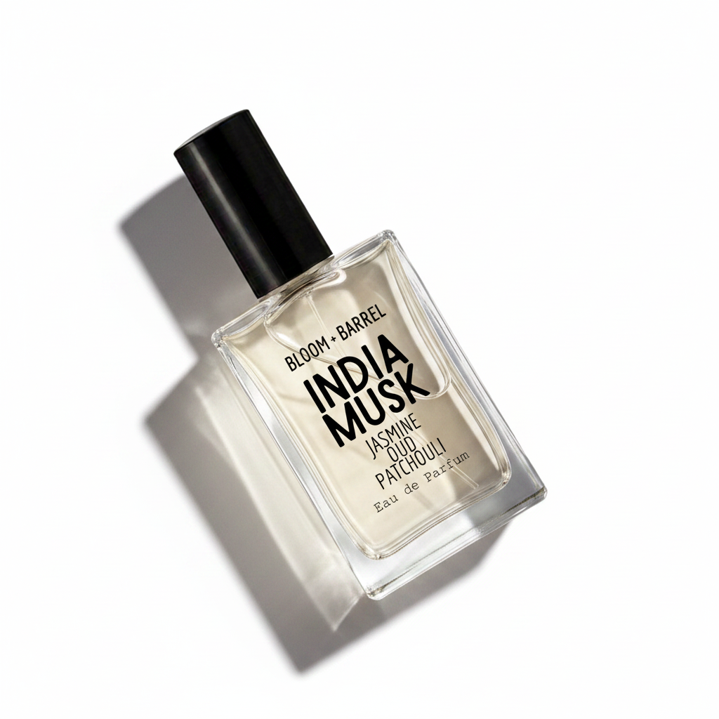 A rectangular glass bottle of Bloom + Barrel India Musk Eau de Parfum with a black cap, set against a plain white background.