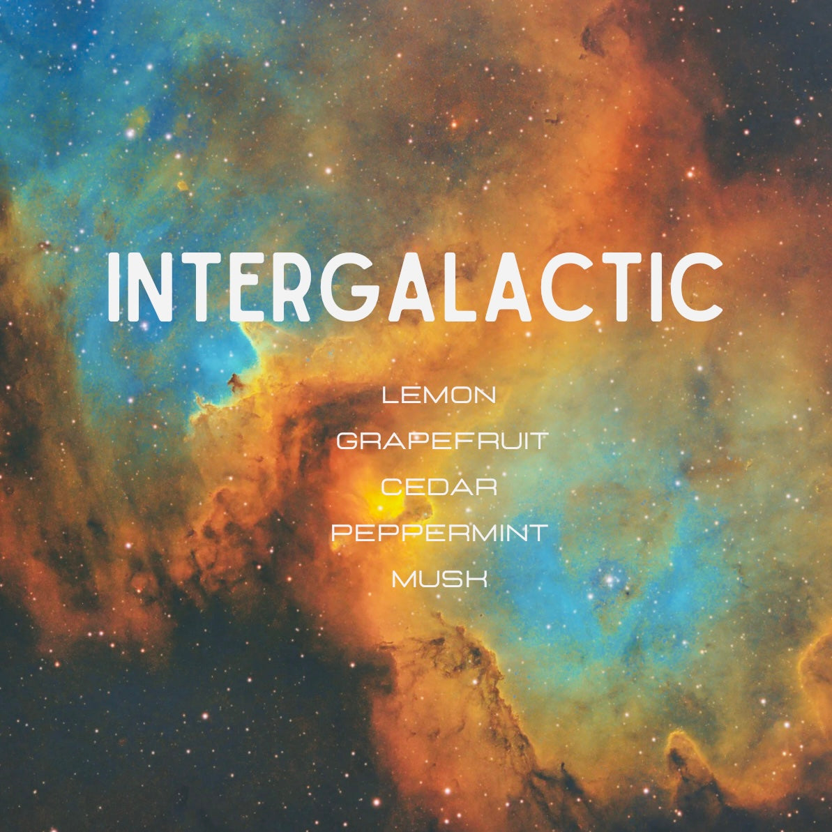 Cosmic background with 'Intergalactic' and fragrance notes text
