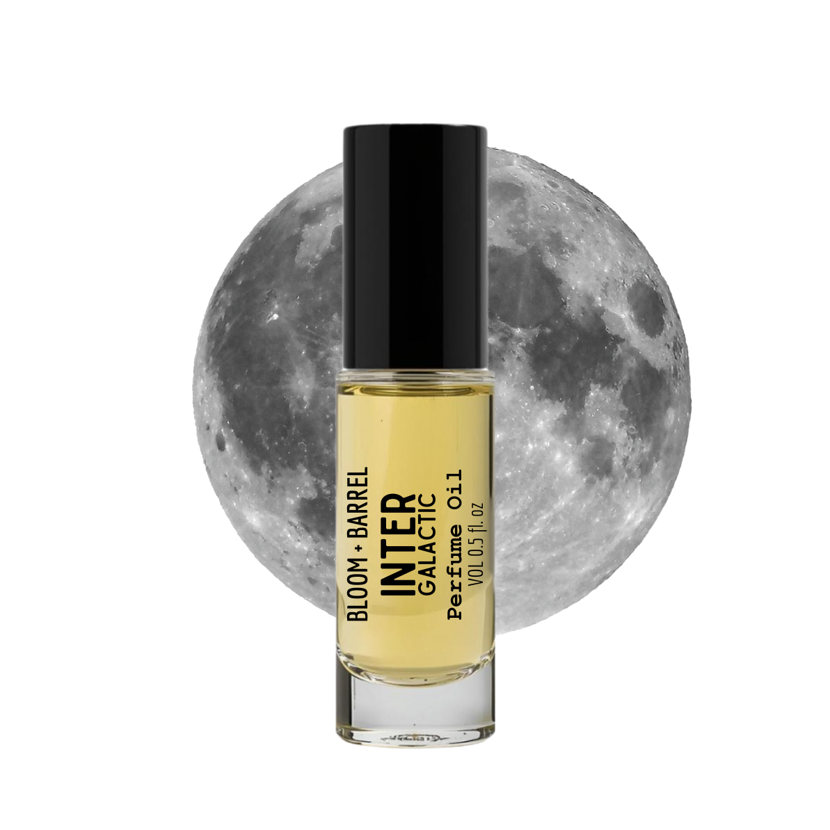 Perfume bottle with 'Bloom & Barrel' label against a moon background