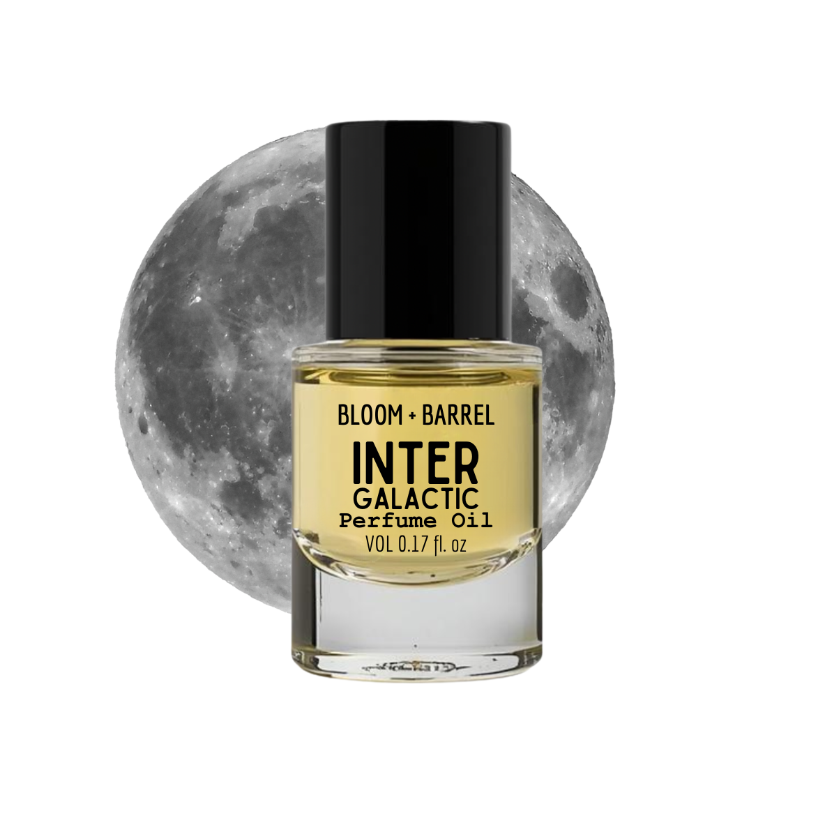 Bottle of Bloom & Barrel Inter Galactic Perfume Oil with a moon in the background