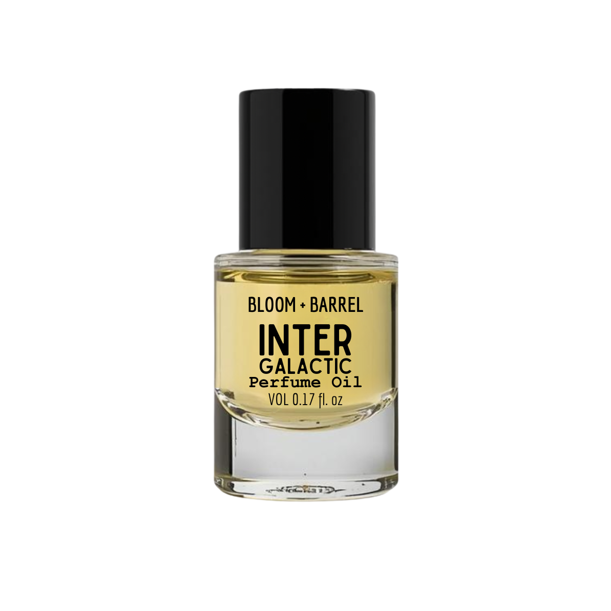 Perfume oil bottle labeled 'Bloom + Barrel Inter Galactic' on a white background
