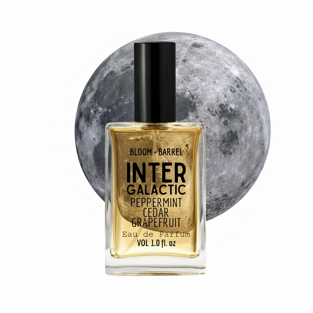 Perfume bottle labeled 'InterGalactic' with a moon in the background