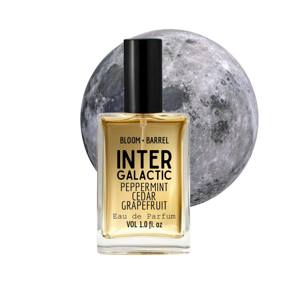 Perfume bottle labeled 'InterGalactic' with a moon in the background