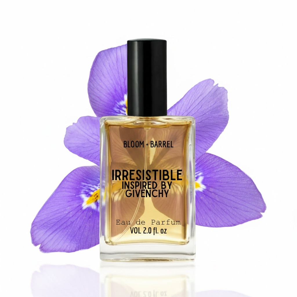 A bottle of Givenchy Bloom Barrel Irresistible Eau de Parfum with a black cap and clear glass, filled with golden liquid, set against purple iris flowers on a white background.