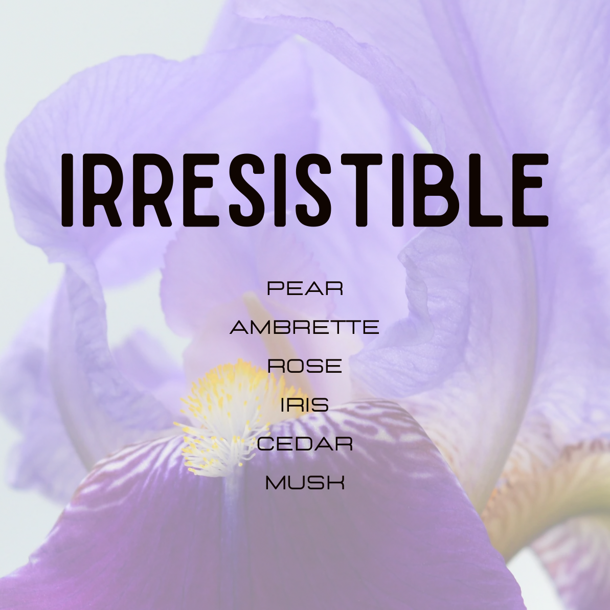 A purple iris flower background with large black text reading 'IRRESISTIBLE' and smaller text listing scent names: PEAR, AMBRETTE, ROSE, IRIS, CEDAR, and MUSHK.