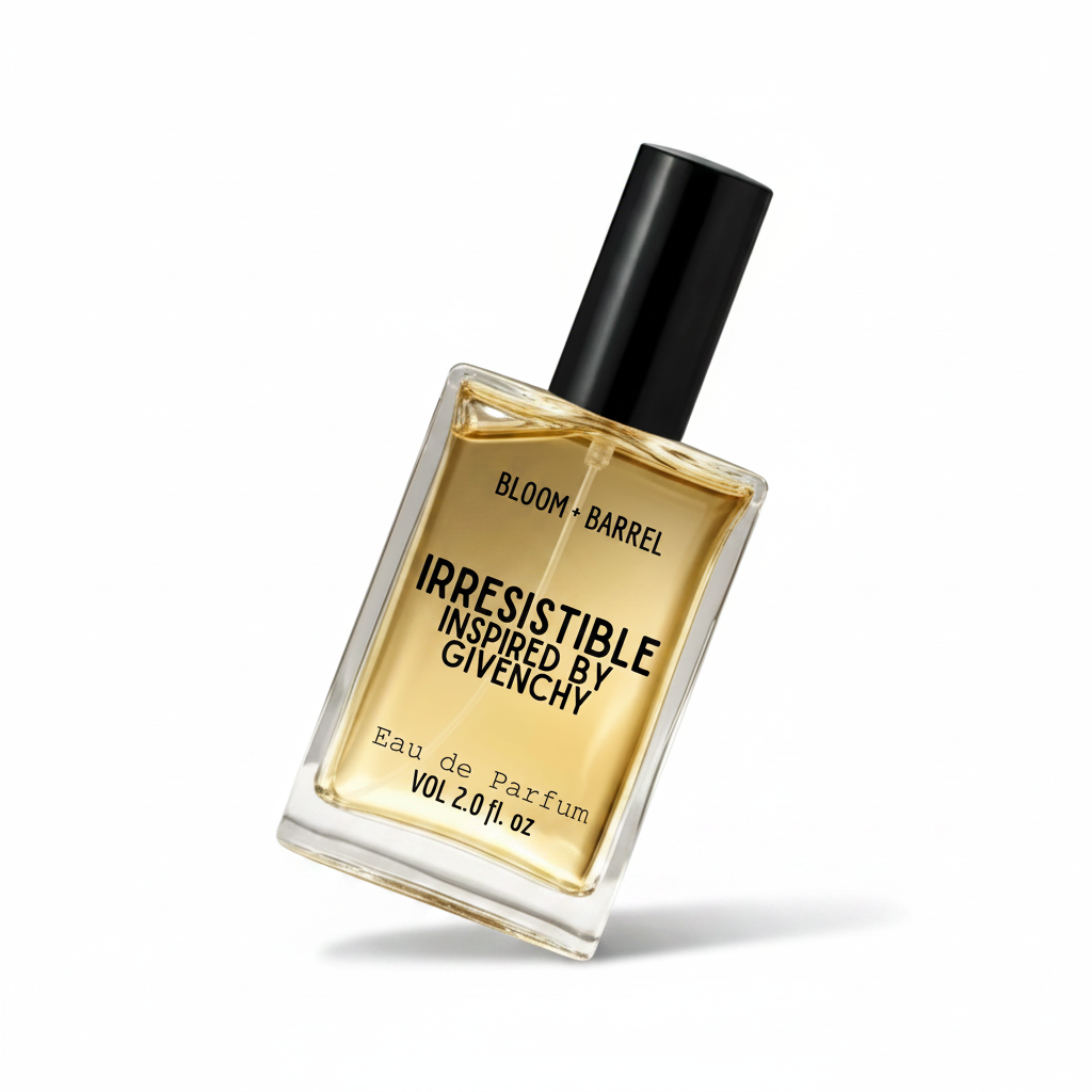 Perfume bottle labeled 'irresistible' by Bloom & Barrel on a white background