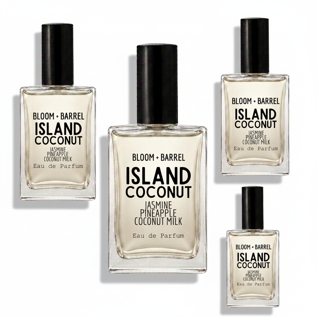 Four glass perfume bottles of BLOOM + BARREL Island Coconut Eau de Parfum with black caps, arranged on a plain white background.