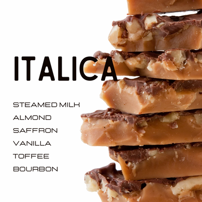 A close-up stack of Italian-style milk almond toffee with chocolate and nut pieces, shown next to text listing flavor variants including steamed milk, almond, saffron, vanilla, toffee, and bourbon.